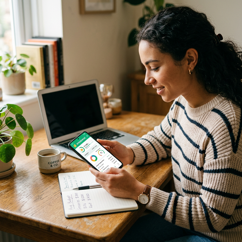 Woman using a smartphone budgeting app beside an expense notebook